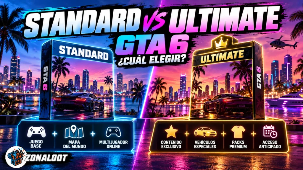 Comparación visual entre las GTA 6 Standard vs Ultimate para ayudar a elegir la opción más adecuada.