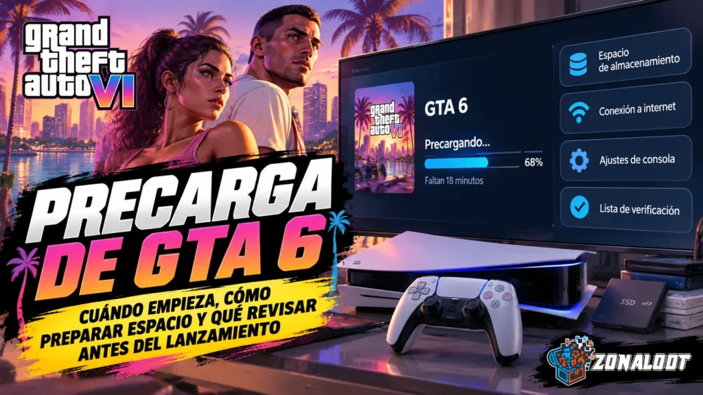Pantalla de precarga GTA 6 junto a una consola, almacenamiento y ajustes que conviene revisar antes del lanzamiento.