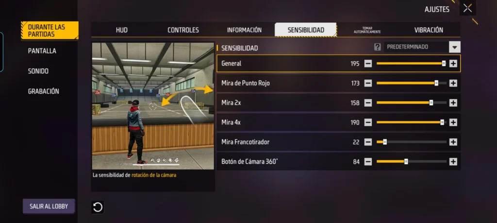 Configuración de sensibilidad de Santana en Free Fire con General 195, punto rojo 173, mira 2x 158, mira 4x 190 y francotirador 22
